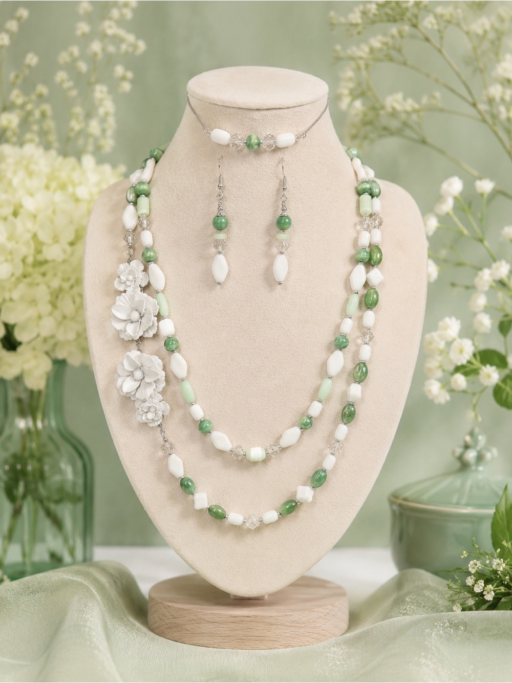 Handmade Milk Glass Necklace /Three-Piece Demi-Parure